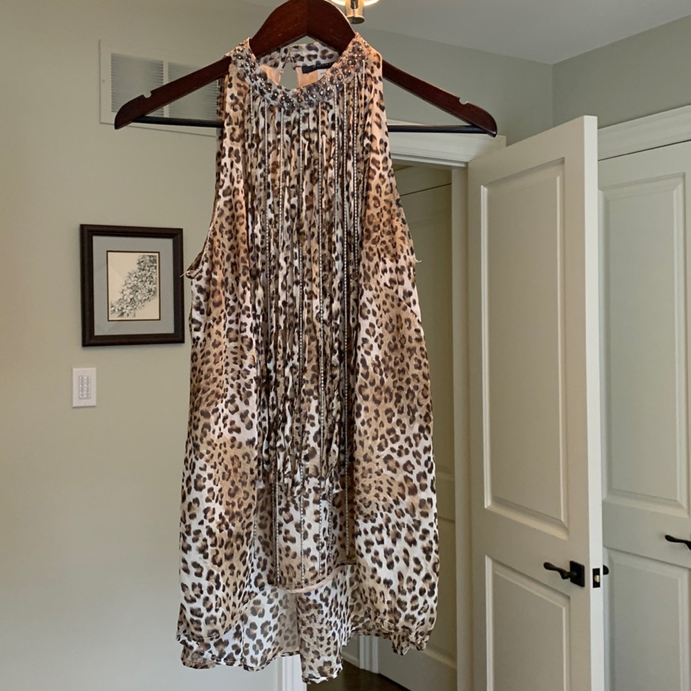 Size SM Solomon leopard long blouse with material and bead tassels.  Flowy,soft.